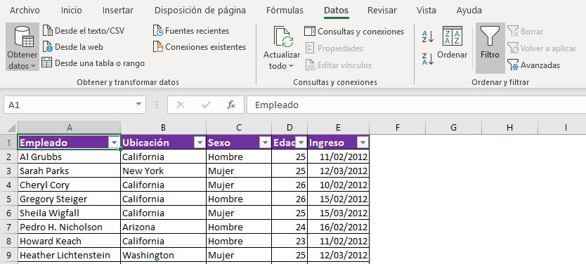 Uso de filtros en Excel aplicado